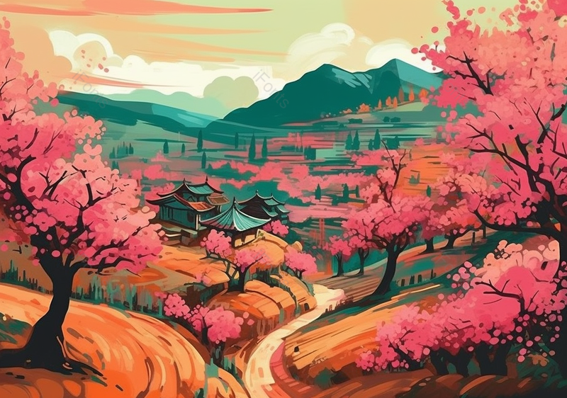 橙色手绘浪漫樱花插画背景图,插画/手绘图,插画/手绘图库,插画/手绘图下载,插画/手绘